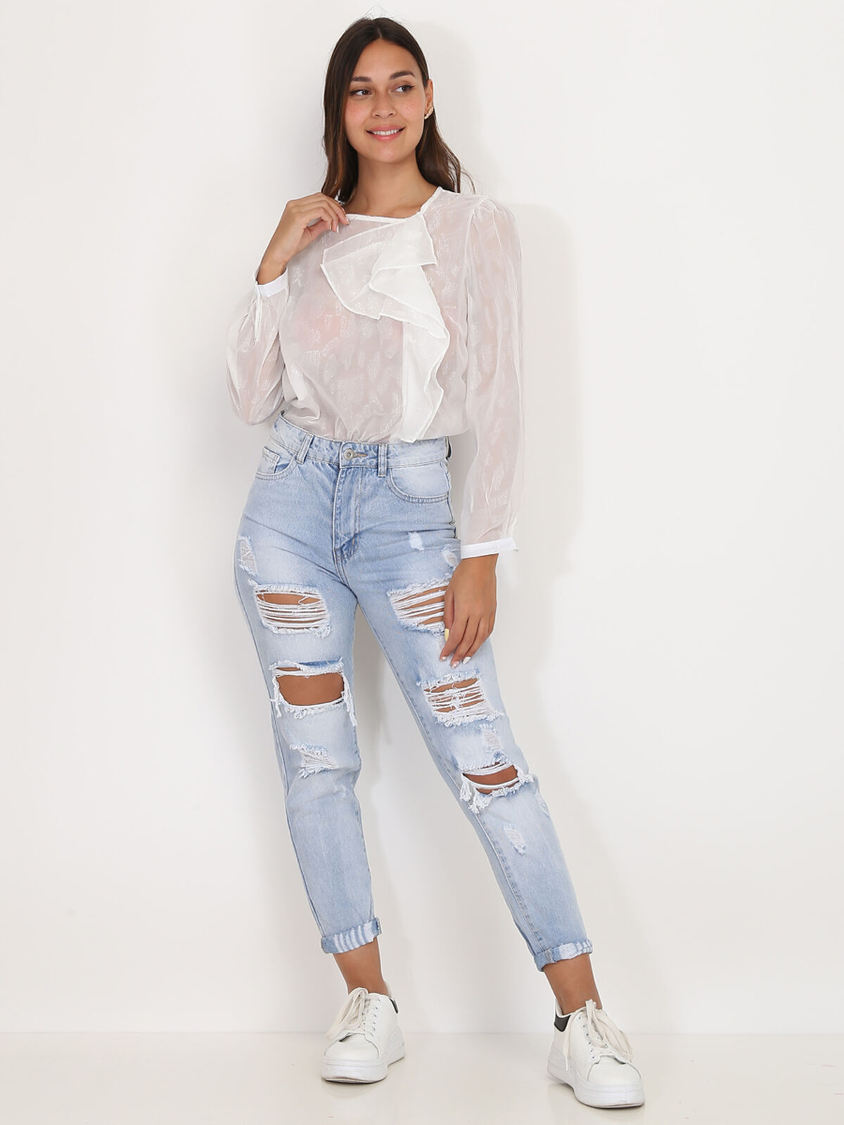 Blouse transparente scintillante à volants- Blanc