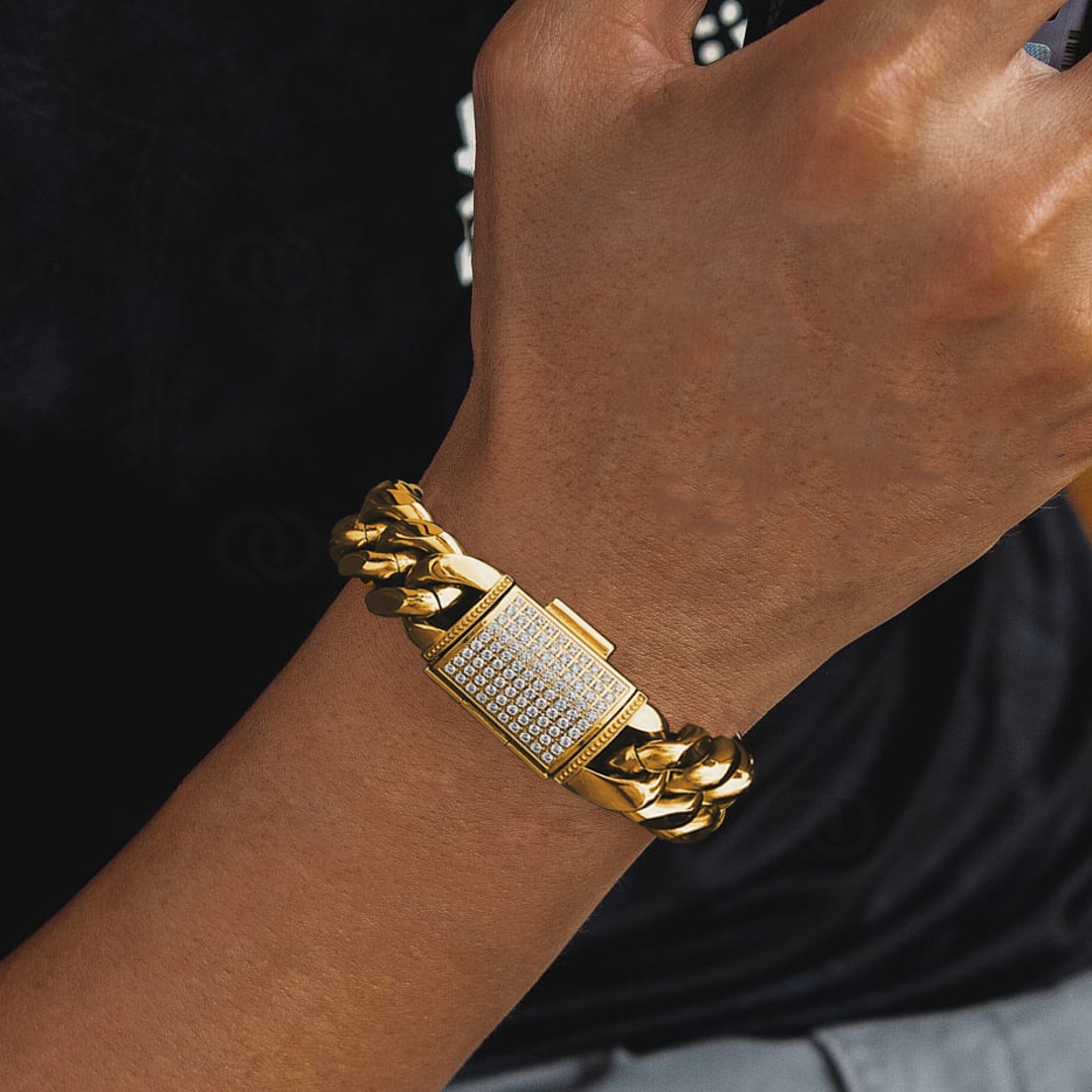 18mm Cuban Link Panzerarmband vergoldet mit Zirkonia Verschluss