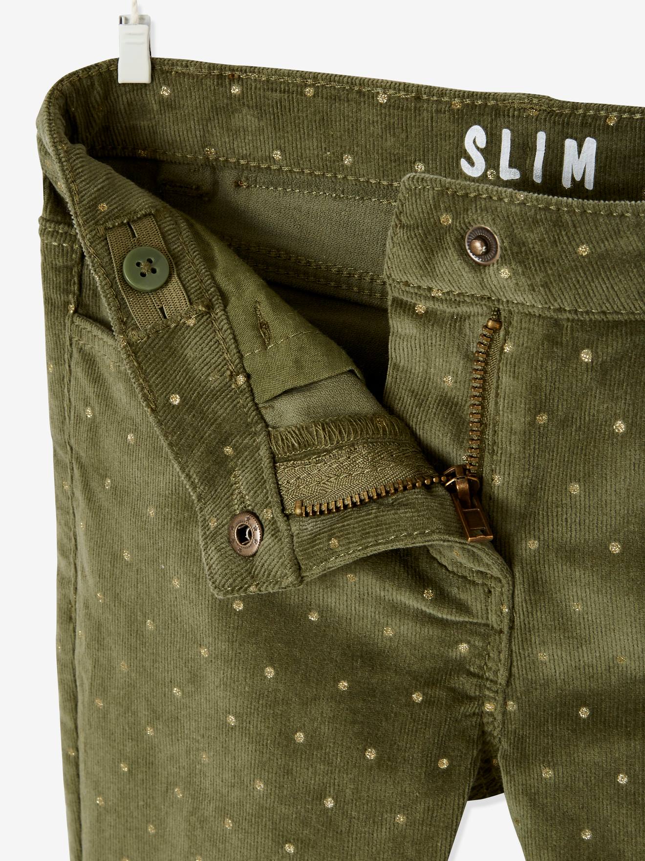 Calças de veludo cotelê slim fit da MorphologiK com bolinhas iridescentes para meninas, com modelagem ajustada no quadril e estampa verde médio.