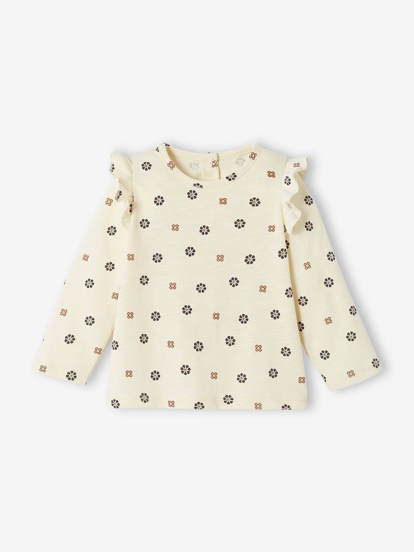 Camiseta infantil com estampa floral e babado, cor off-white