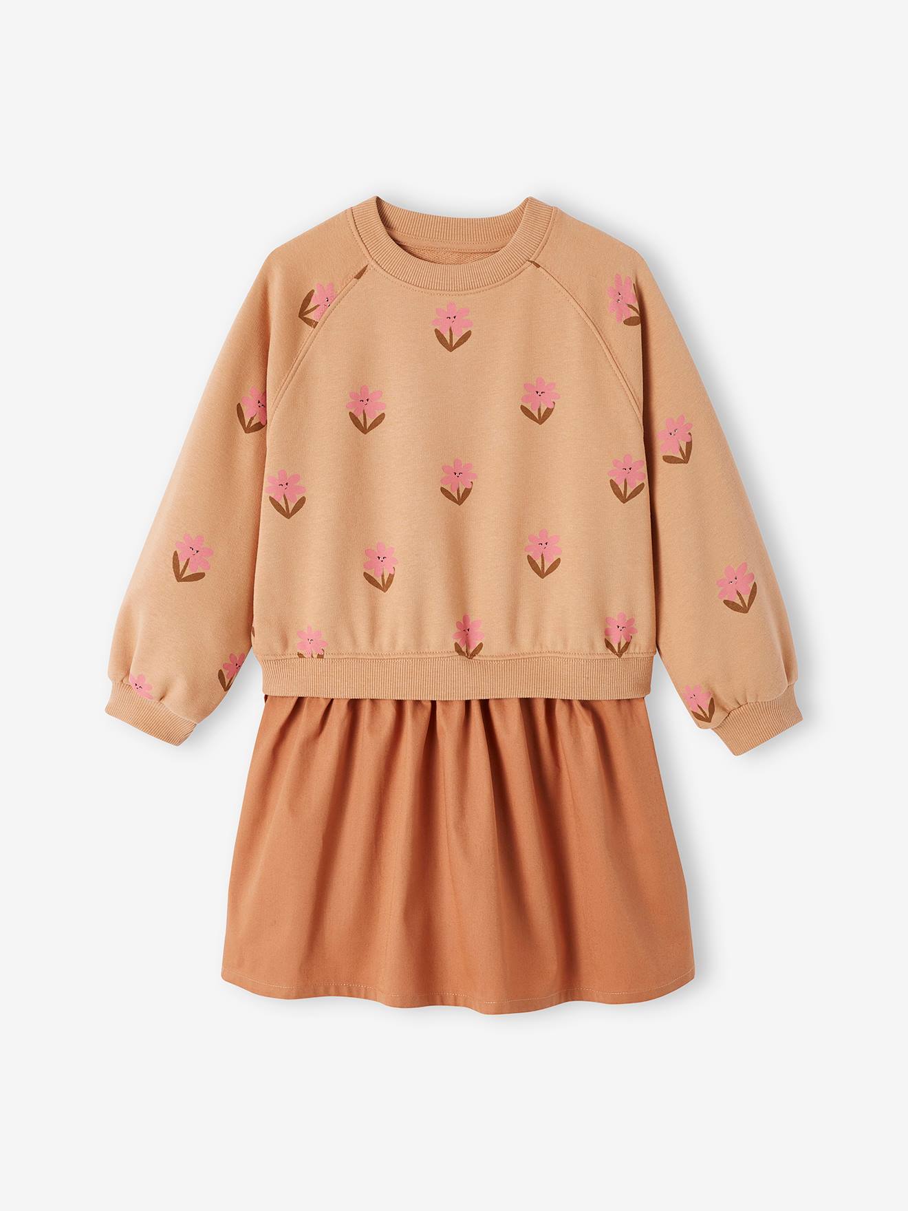 Vestido pêssego com efeito 2 em 1 e flores 
