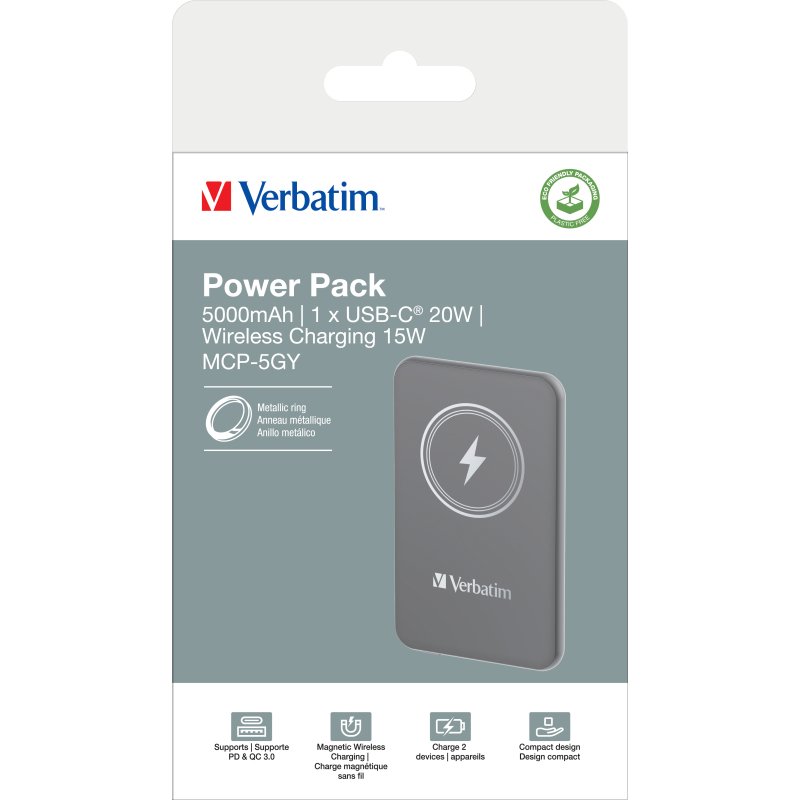 Verbatim Charge 'n' Go Lithium Polymère (LiPo) 5000 mAh Recharge sans fil Gris