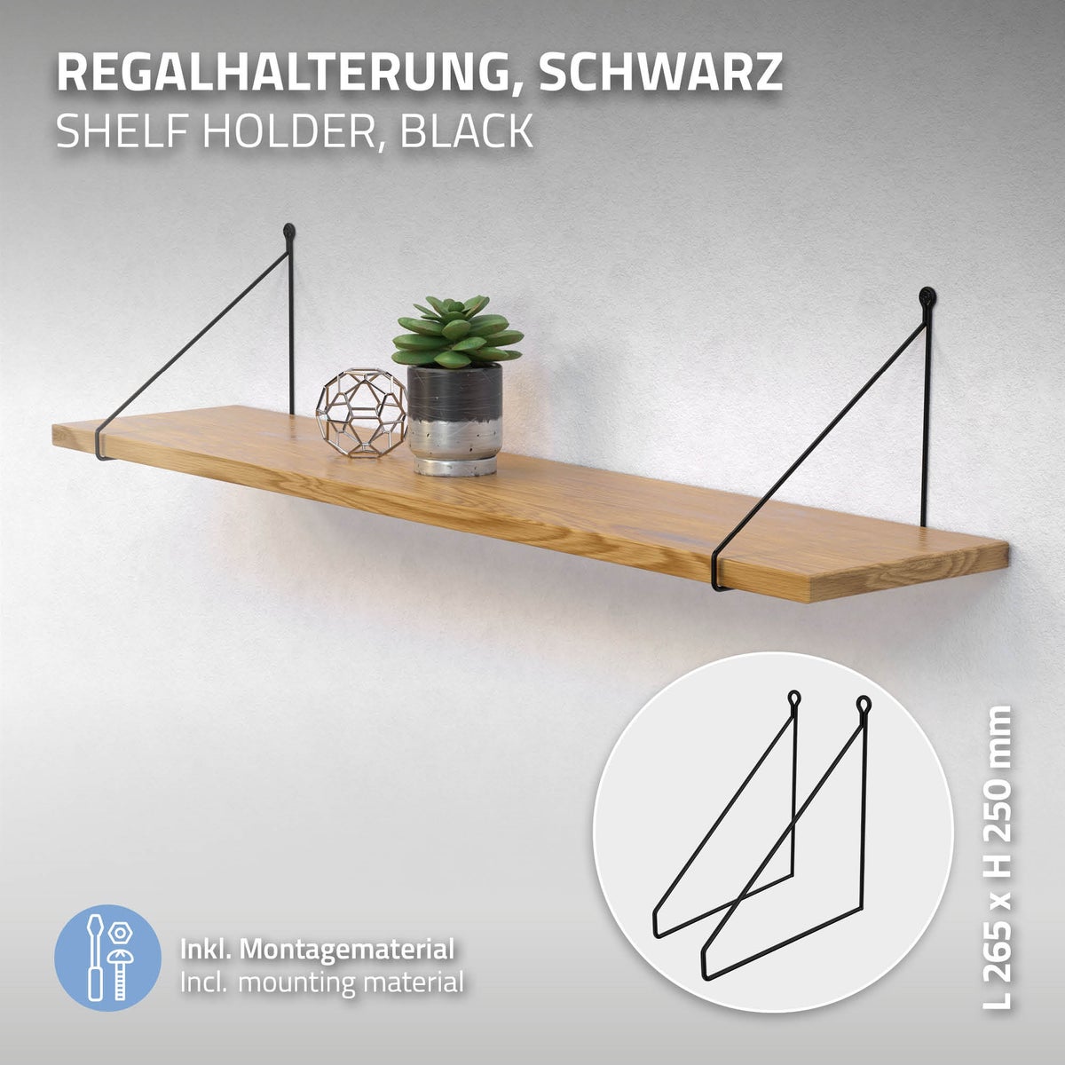 ML-Design 2-delige plankdragerset, 250 mm, zwart, metaal, driehoekige plankdragers, hoekbeugels voor zwevende planken, draadbeugels voor wandmontage, plankdragers voor wandmontage, plankdragers voor hangende planken