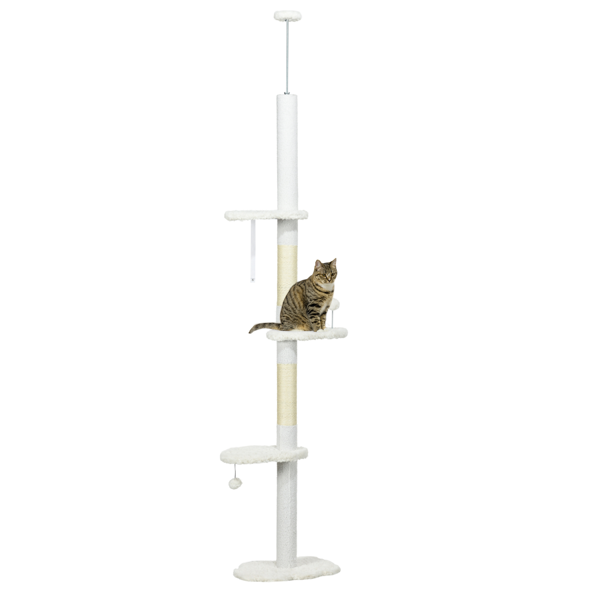 Árvore para gatos PawHut de 225-255 cm, com altura ajustável, 3 plataformas em formato de nuvem, postes para arranhar e 2 bolas, 48 x 32 x 225-255 cm, branca.