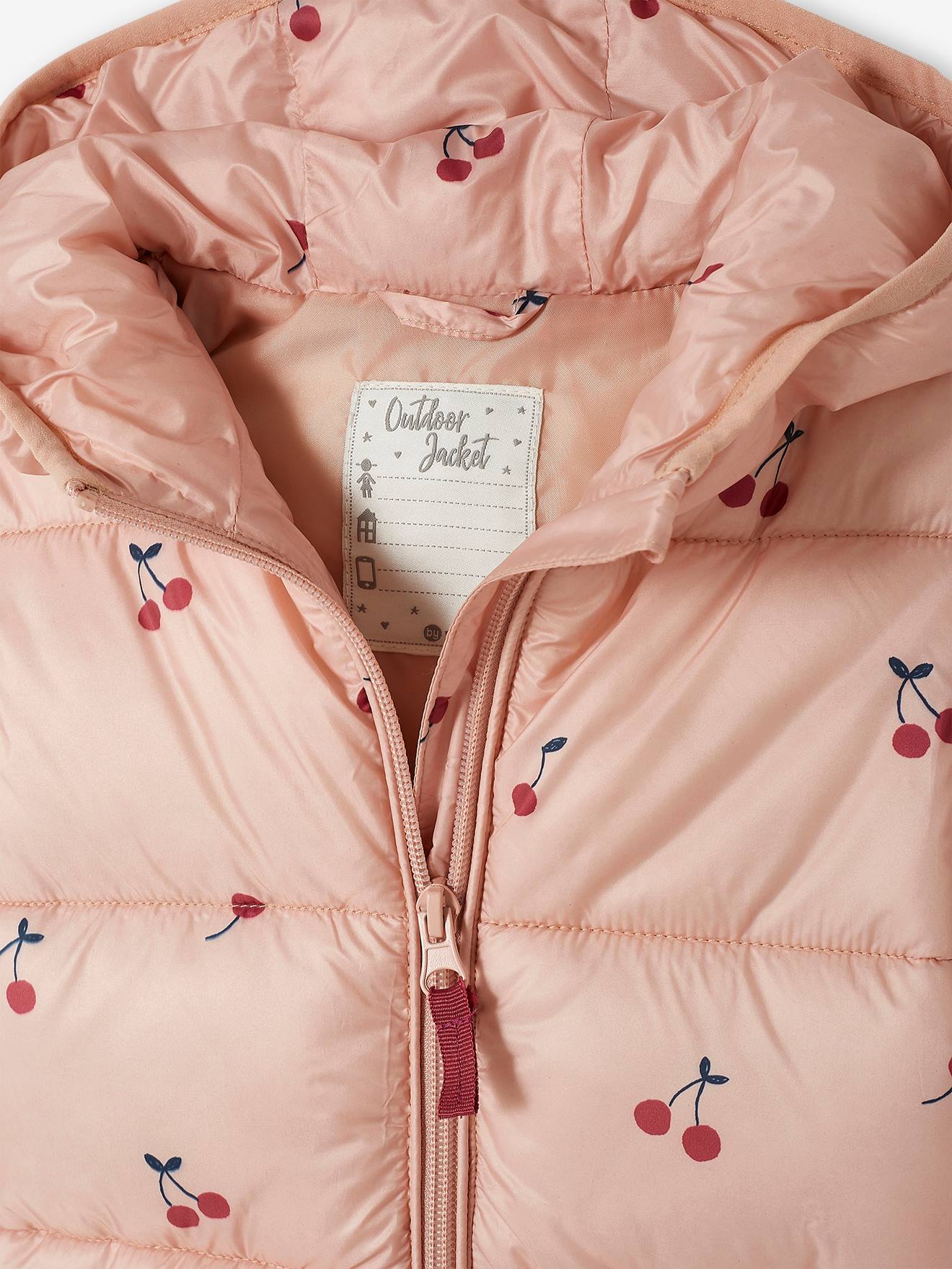 Jaqueta longa acolchoada e leve com estampa de cerejas, tamanho médio infantil rosa.