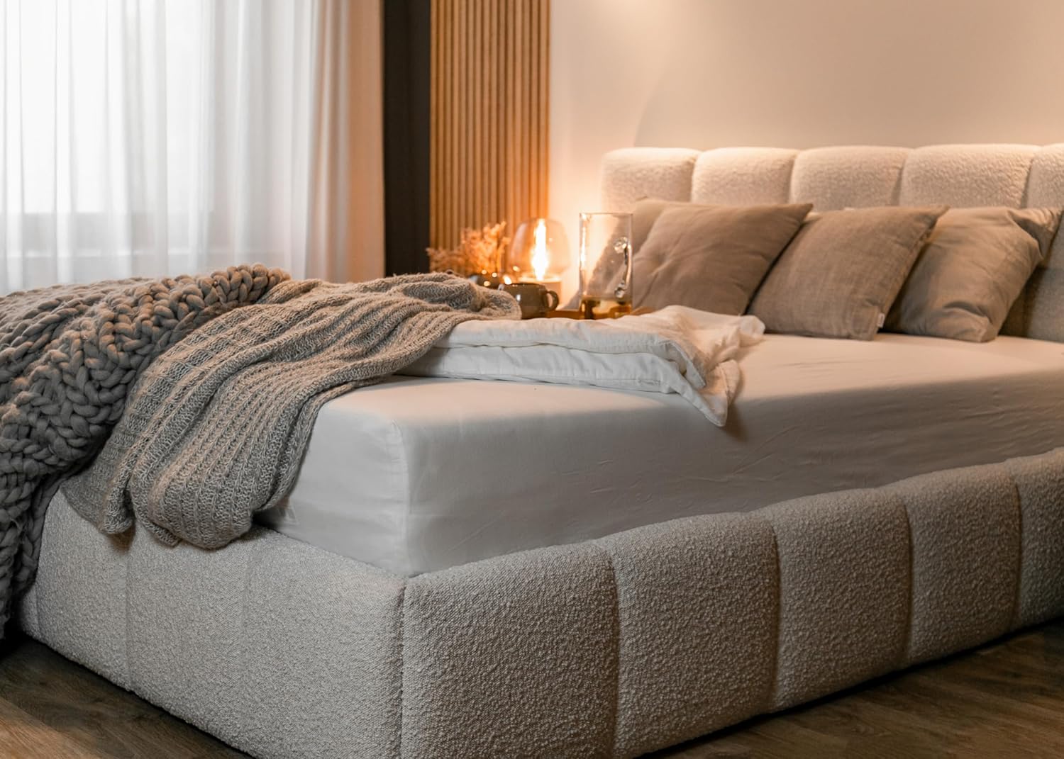 Selsey Bett Polsterbett 160 x 200 cm Boucle Gewebe Reißfest Cloudy Hellbeige