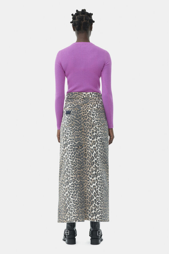 Ganni Print Denim Maxi Slit Skirt Leopard