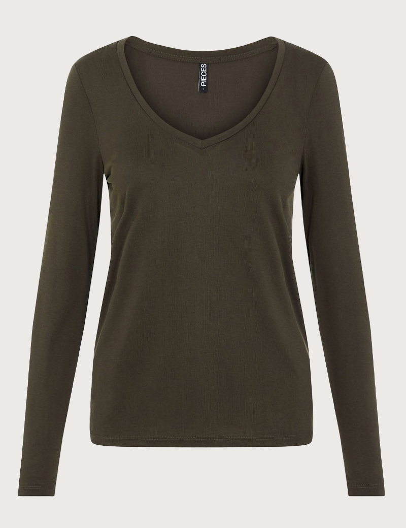 PIECES T-SHIRT BASIQUE KAMALA MANCHES LONGUES KAKI