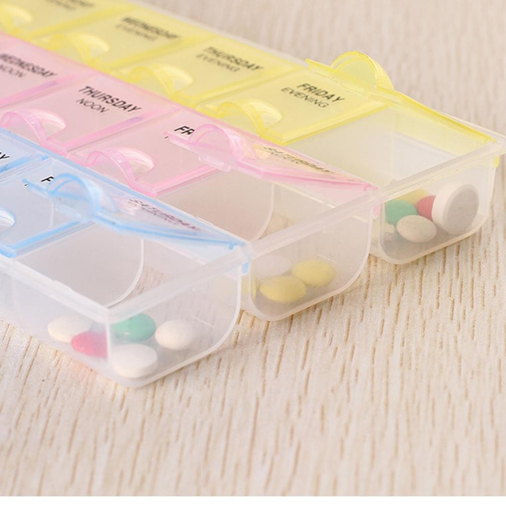 (215x122mm) Medikamenten Dosierer 7 Tage Dosett Tablettenbox Supplements Pillendose -  Rosa / Gelb / Blau
