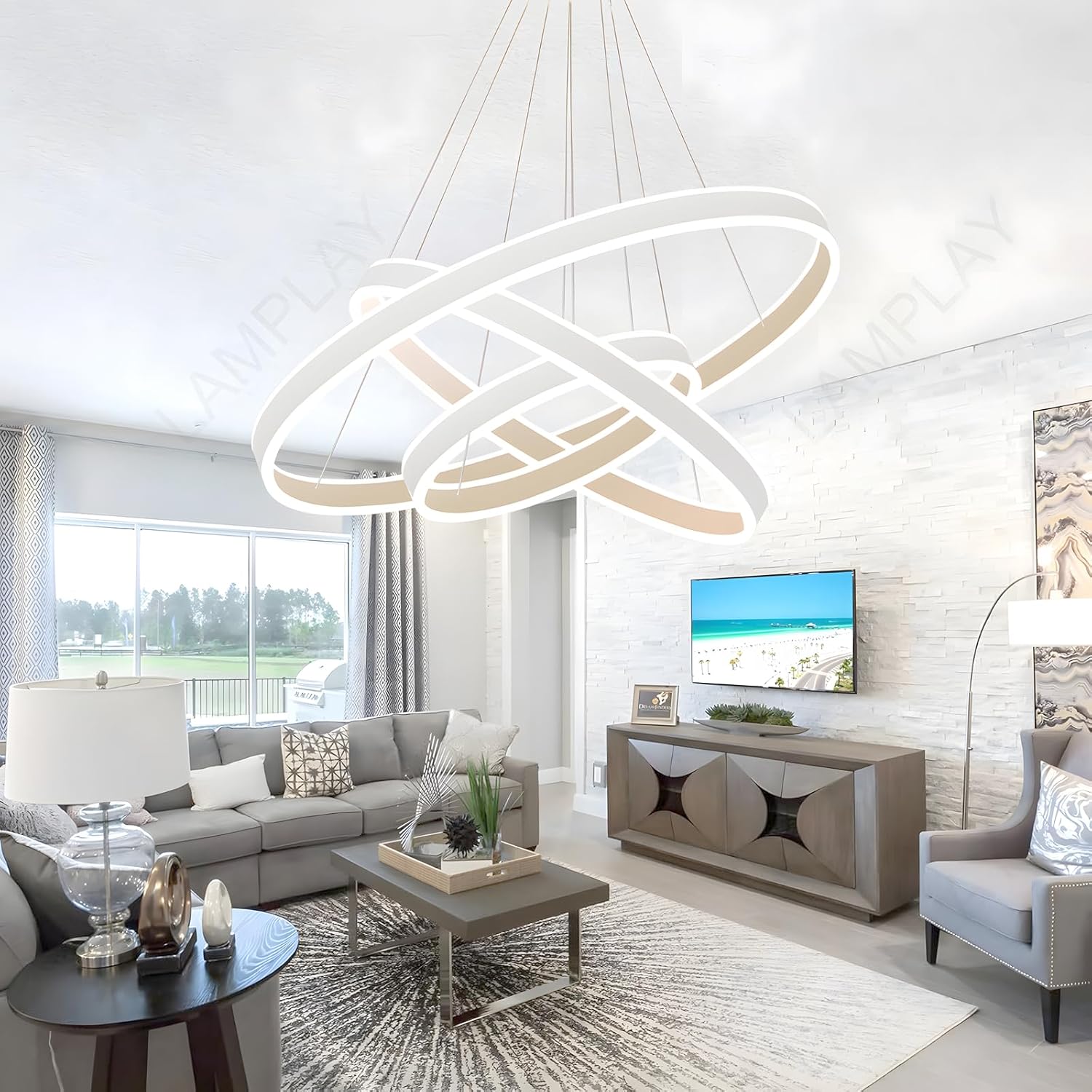 Runde Moderne LED-Pendelleuchte, 3 Weiß Ring-Kronleuchter, Dimmbar Mit Fernbedienung 3000K-6000K Deckenleuchte, Höhenverstellbar, Foyer, Wohnzimmer, Schlafzimmer, Esszimmer(Ø40+60+80cm)