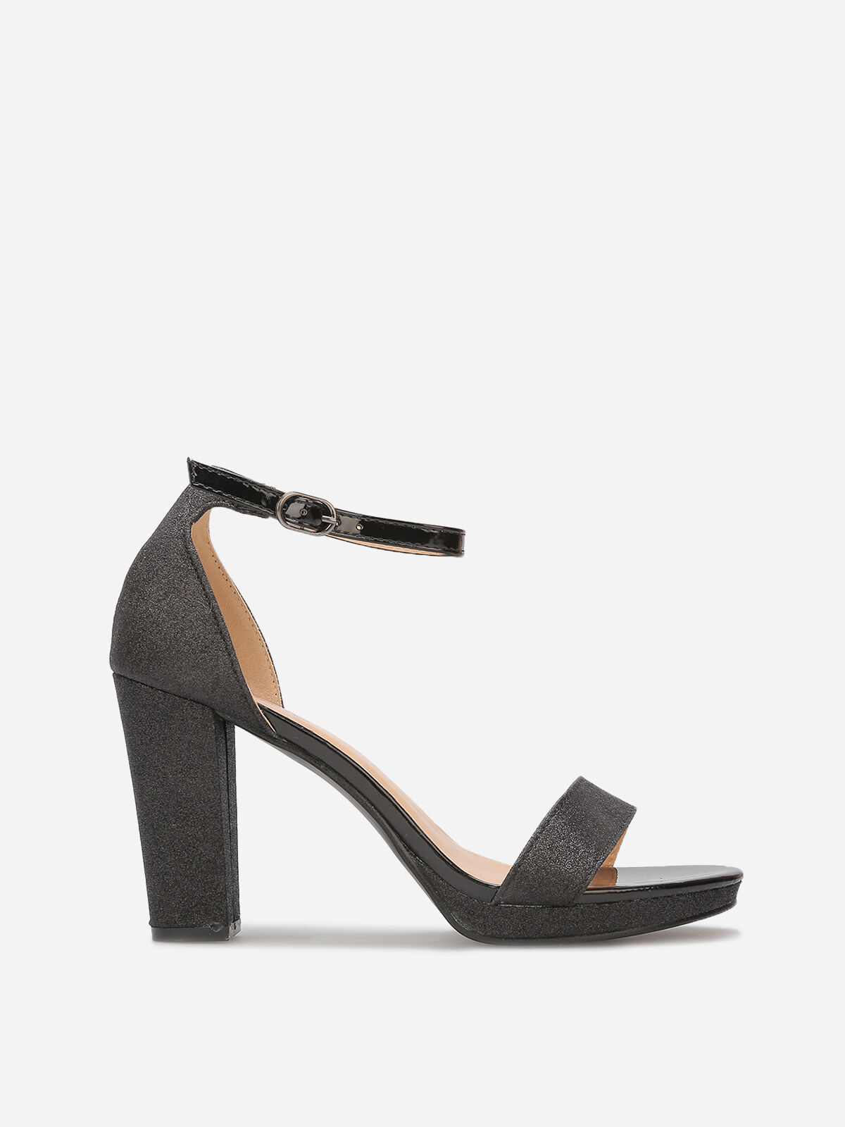 Sandales pailletées et vernies à talon- Noir