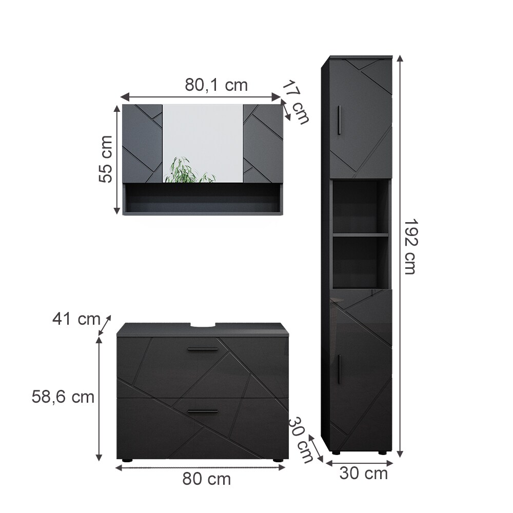 Vicco Badmöbelset Irma Anthrazit Hochglanz modern 80 cm 30 cm Badezimmerschrank Badschrank Badezimmermöbel Waschtischunterschrank Spiegelschrank Hochschrank Schranktür Schrankfach Schrankschublade