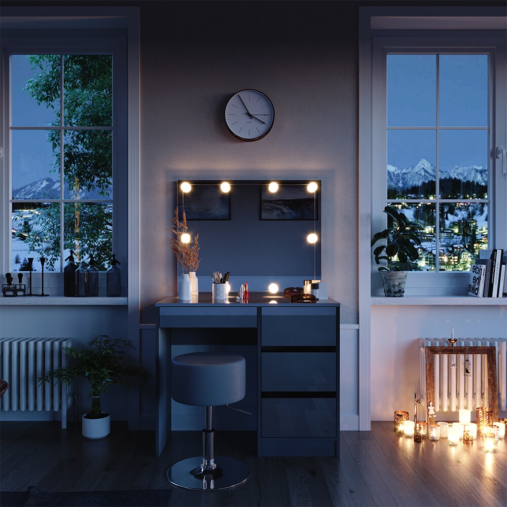 Vicco Schminktisch Sherry Grau Hochglanz, 90 x 75 cm, Spiegel, LED & Hocker