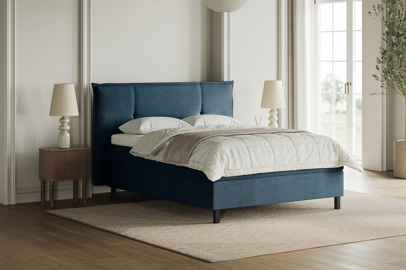XOV Premium 15 Kontinentalseng 140x200 cm i tekstil Terranova 21 blå, fast/fast med Premium 15 overmadrass og sort firkantede ben, gavl selges separate