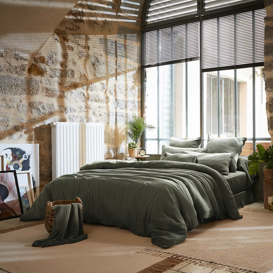 Drap plat gaze de coton (270 x 300 cm) Gaïa Vert romarin