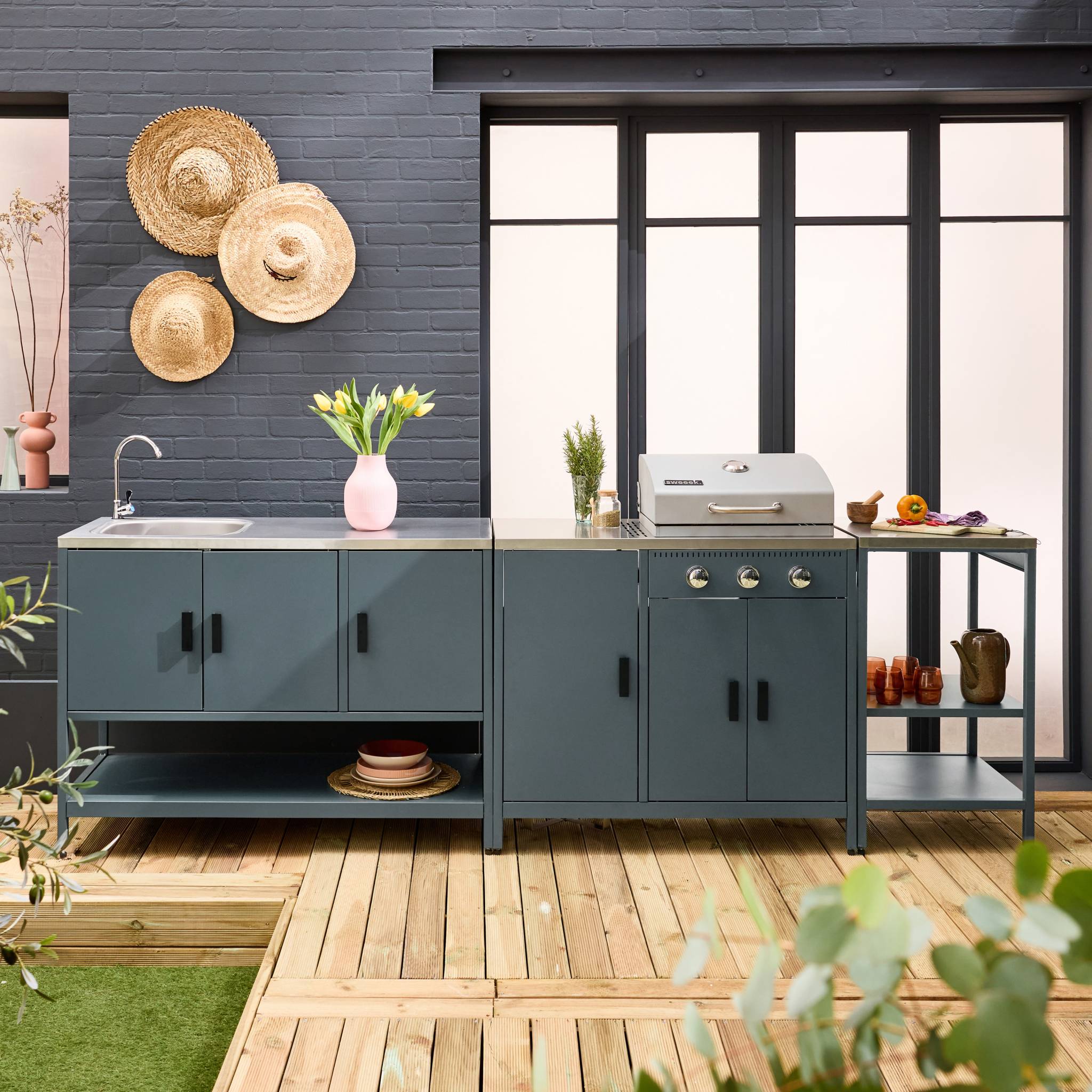 sweeek - Buitenkeuken 3 modules met gasbarbecue staal