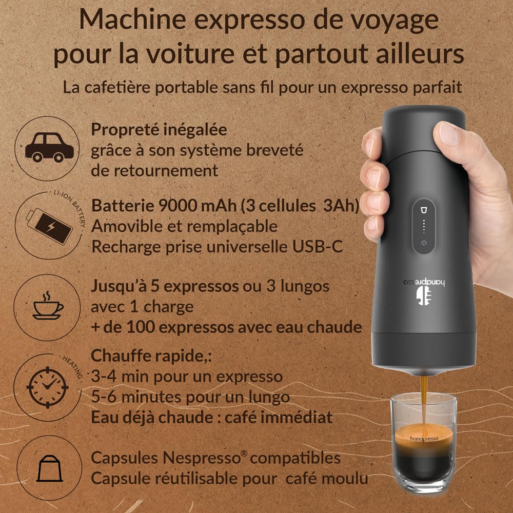 Handpresso Auto | Machine à café expresso portable 19 bars pour voiture et voyage | compatible capsule expresso/capsule réutilisable | Cafetière de vo