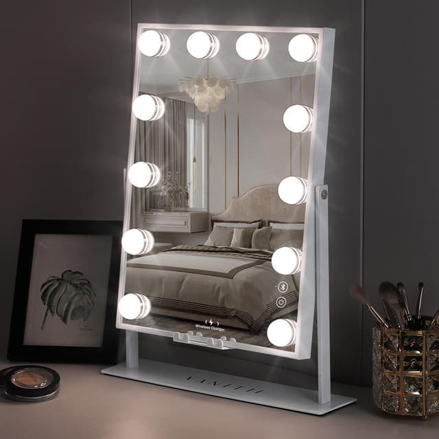 VANITII Skønhedsspejl med Lys, Bluetooth, Trådløs Opladning, Bordstående, Metal, Hvid, 30x41 cm