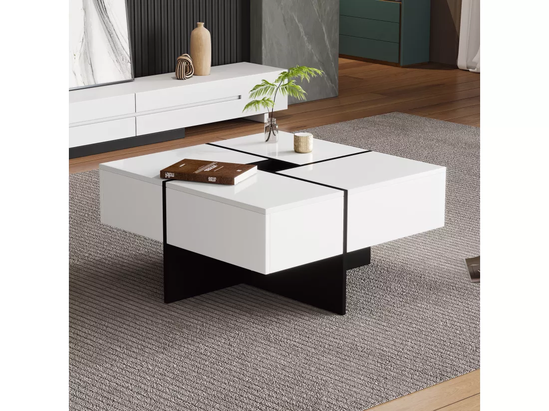 Table basse coulissante avec 4 compartiments cachés - 70 x 70 x 35 cm - panneaux de particules - blanc