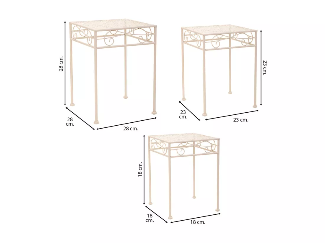 Lot de 3 cache-pots en fer forgé blanc 28x28x28h-23x23x33h-18x18x28h cm