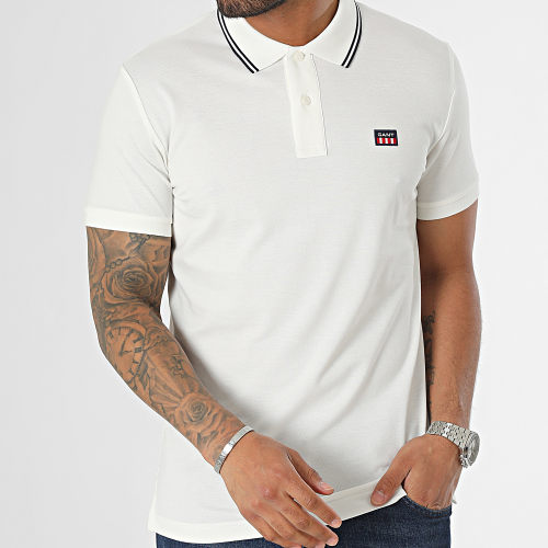 Polo Manches Courtes Contrast Collar Pique Blanc