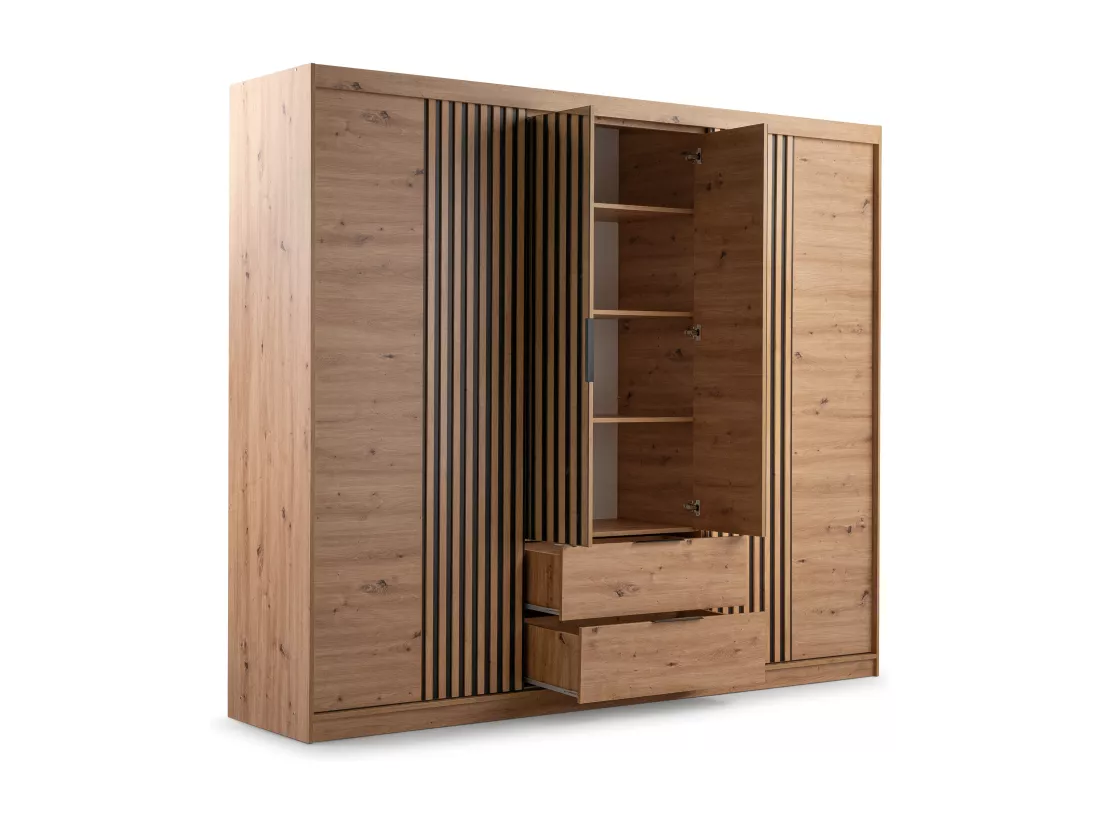 Armoire 4 portes et 2 tiroirs - Avec miroir - L250 cm - Coloris : Naturel - SIDOVIA
