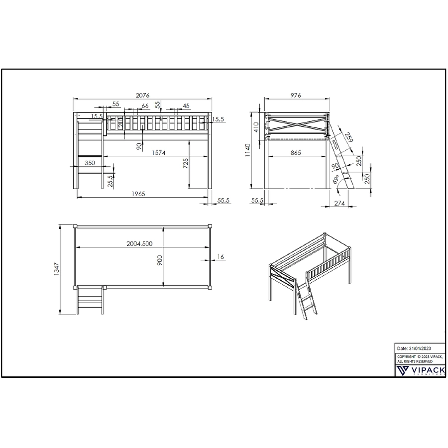 VIPACK Spielbett SCOTT 90 x 200 cm inkl. Leiter weiß