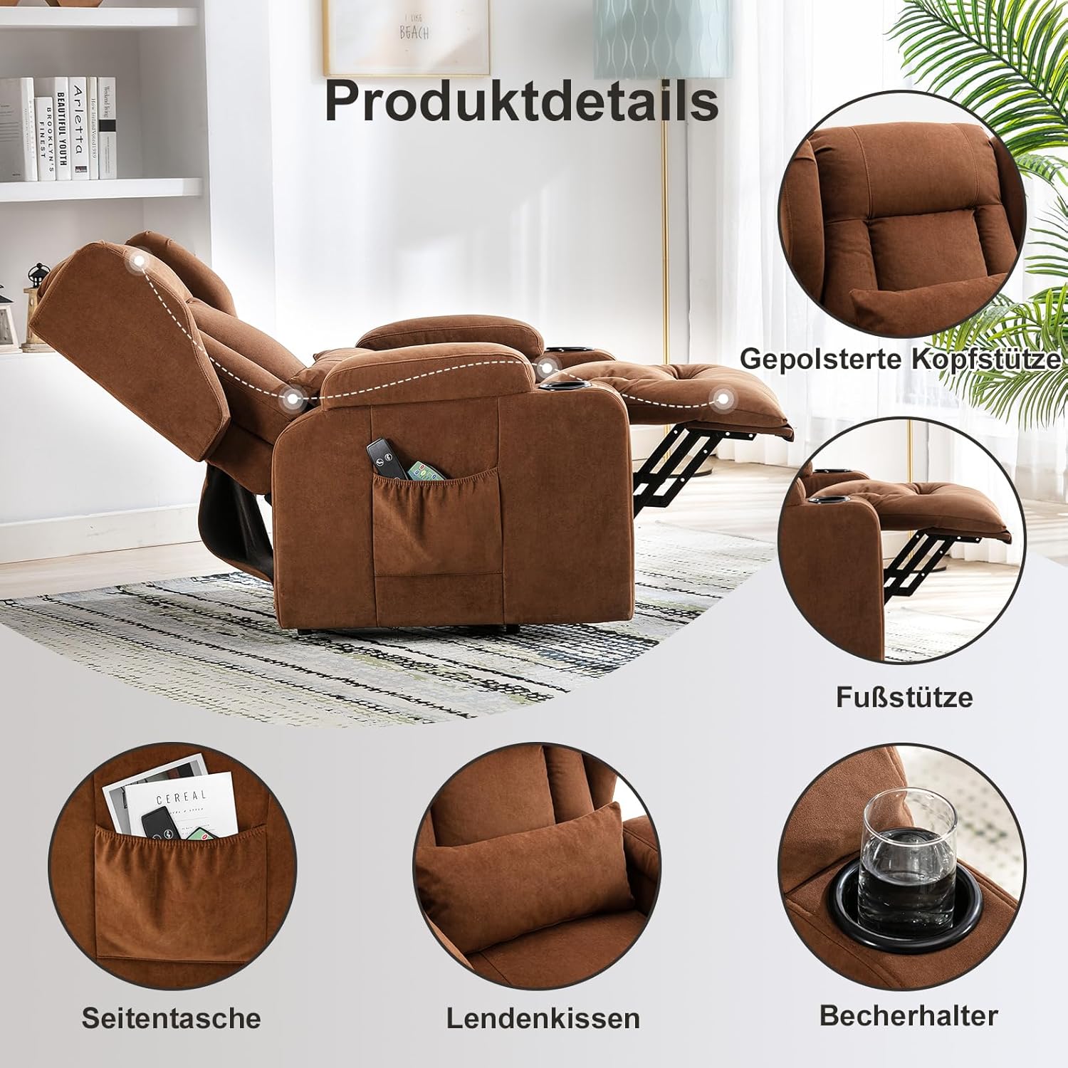 COMHOMA Elektrischer Relaxsessel, Wohnzimmer, Massage, TV, neigbar, Vibration, Stehfunktion, verstellbare Rückenlehne mit Fußstütze und Getränkehalter, brauner Stoff