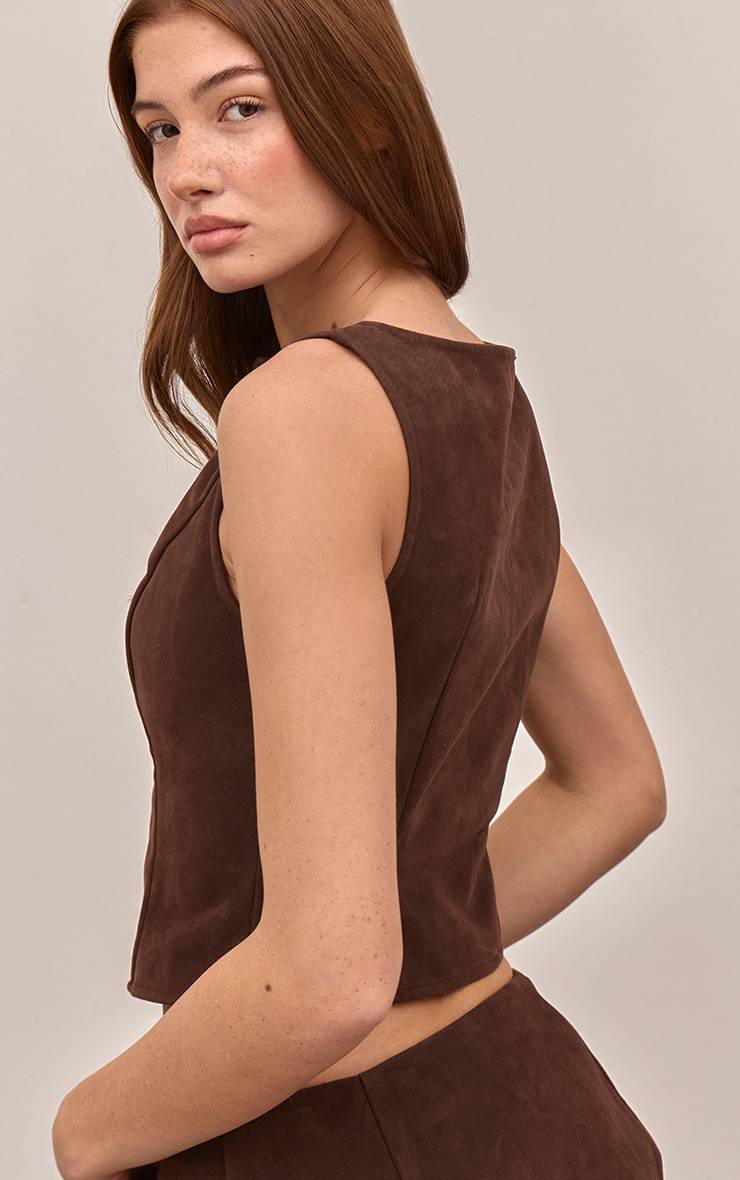 Marron Foncé Ensemble Coordonné Gilet Boutonné En Synthétique