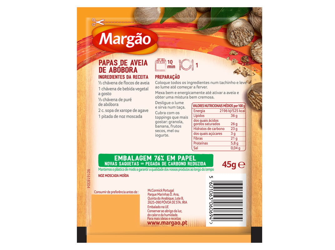 NOZ MOSCADA MARGÃO MOÍDA SAQUETA 45G