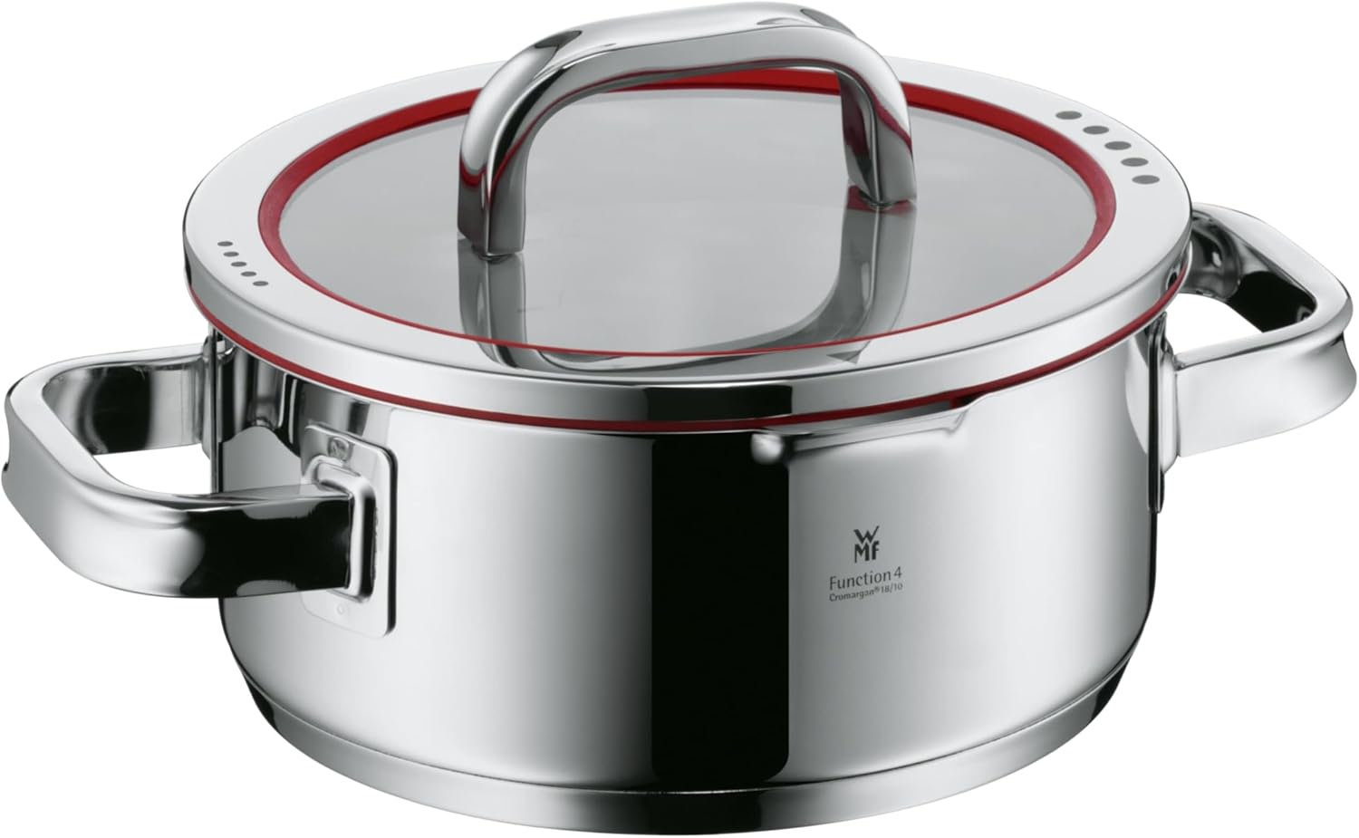WMF Function 4 Kochtopf klein 20cm, Glasdeckel, Bratentopf Induktion 2,5l, Cromargan Edelstahl poliert, 4 Abgießfunktionen, Innenskalierung, rot