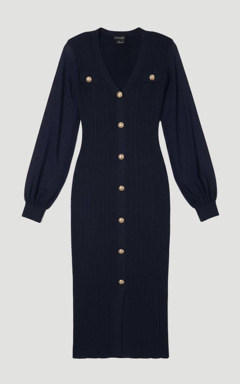 KarenMillen Robe Mi-Longue en Maille Côtelée Mélange Viscose à Manches en Mousseline