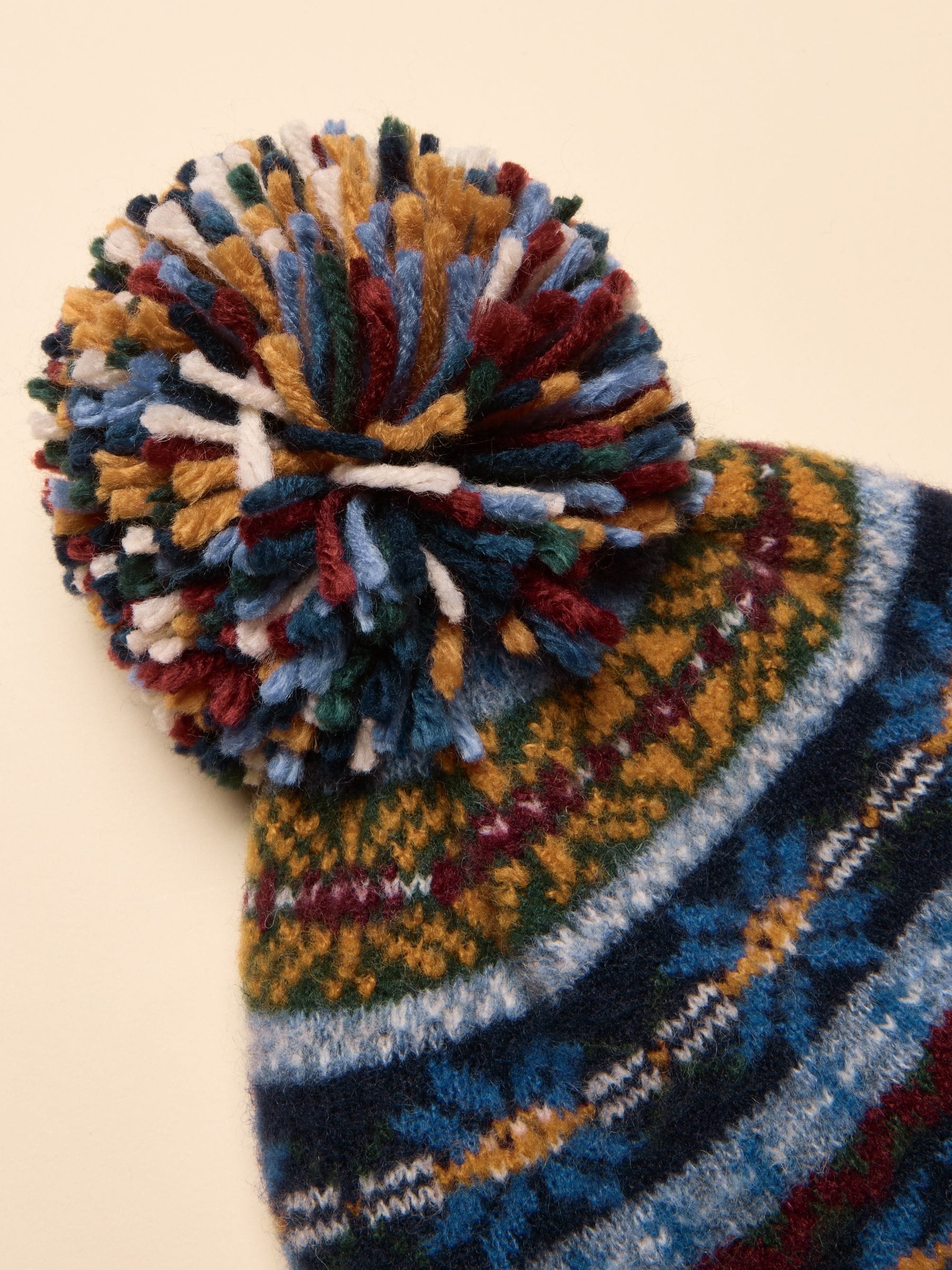Marineblauw met multiprint - Joules Riley Cosy Lined Fair Isle Bobble Hat