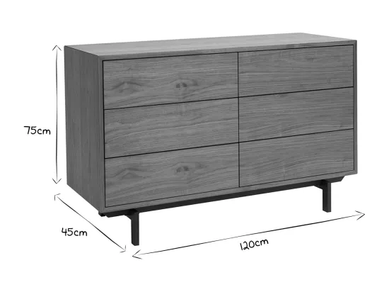 Commode vintage bois foncé noyer et métal noir 6 tiroirs L120 cm MANNY