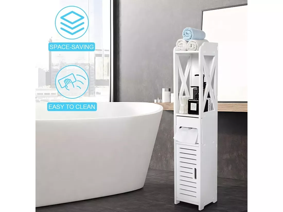 Meuble Salle de Bain Moderne,Meuble de Rangement sur Pieds avec 4 Tiroirs,Placard de Rangement,18x20x80cm - Blanc