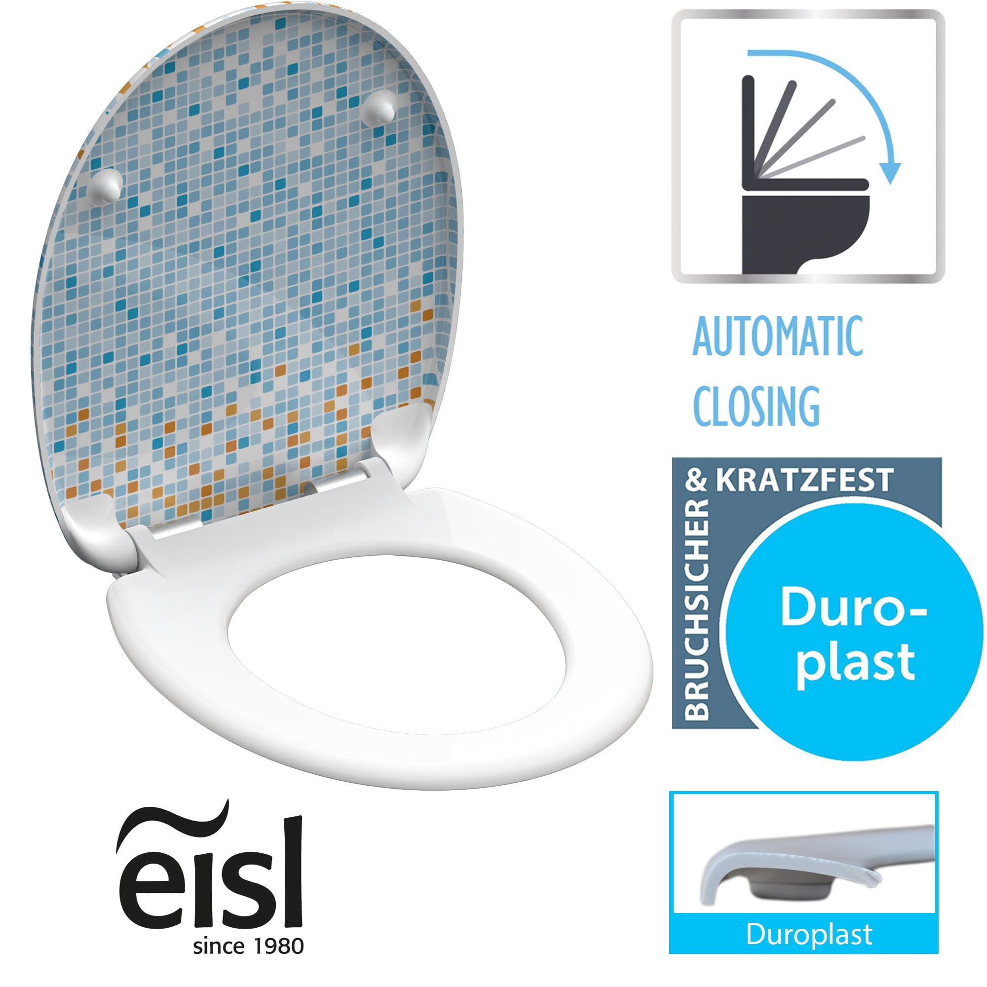EISL Duroplast WC-Sitz MOSAIK BLAU-ORANGE, mit Absenkautomatik