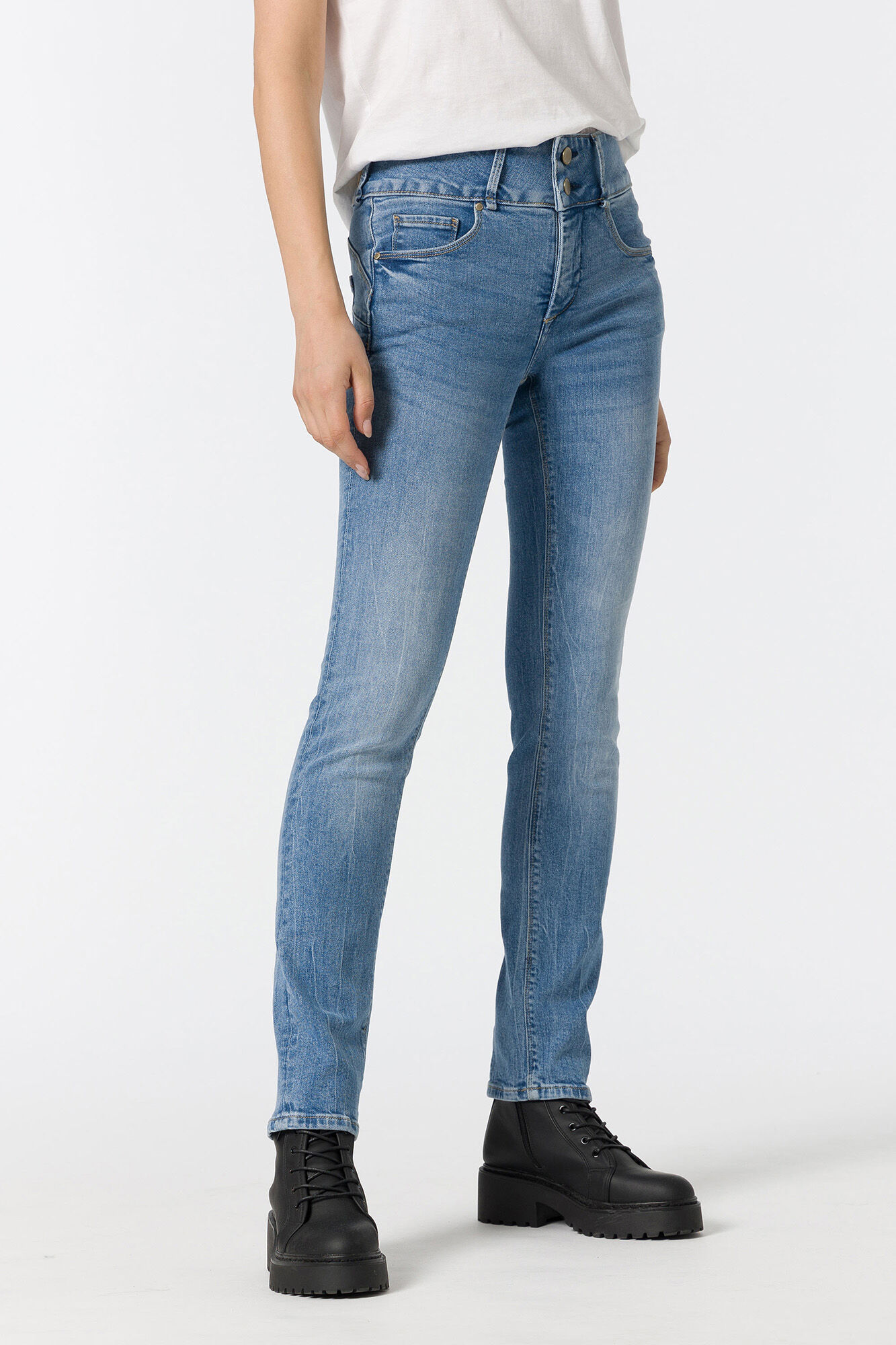 Calça jeans slim de cintura alta com duas camadas