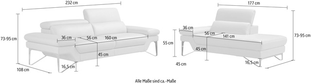 Egoitaliano Polstergarnitur »Princess« Set aus 2,5 Sitzer und Ottomane, Kopfstützen manuell verstellbar