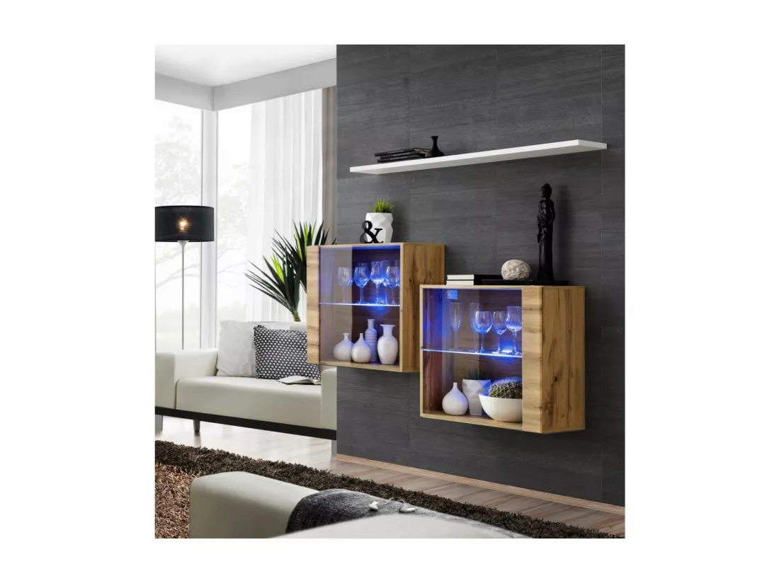 Ensemble salon SWITCH SBIII chêne Wotan, porte vitrée LED intégrée, étagére blanche, design moderne