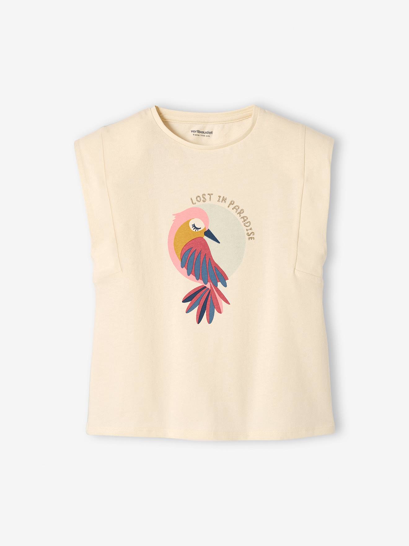 Camiseta off-white com estampa de ave-do-paraíso e mangas na altura dos ombros para meninas.