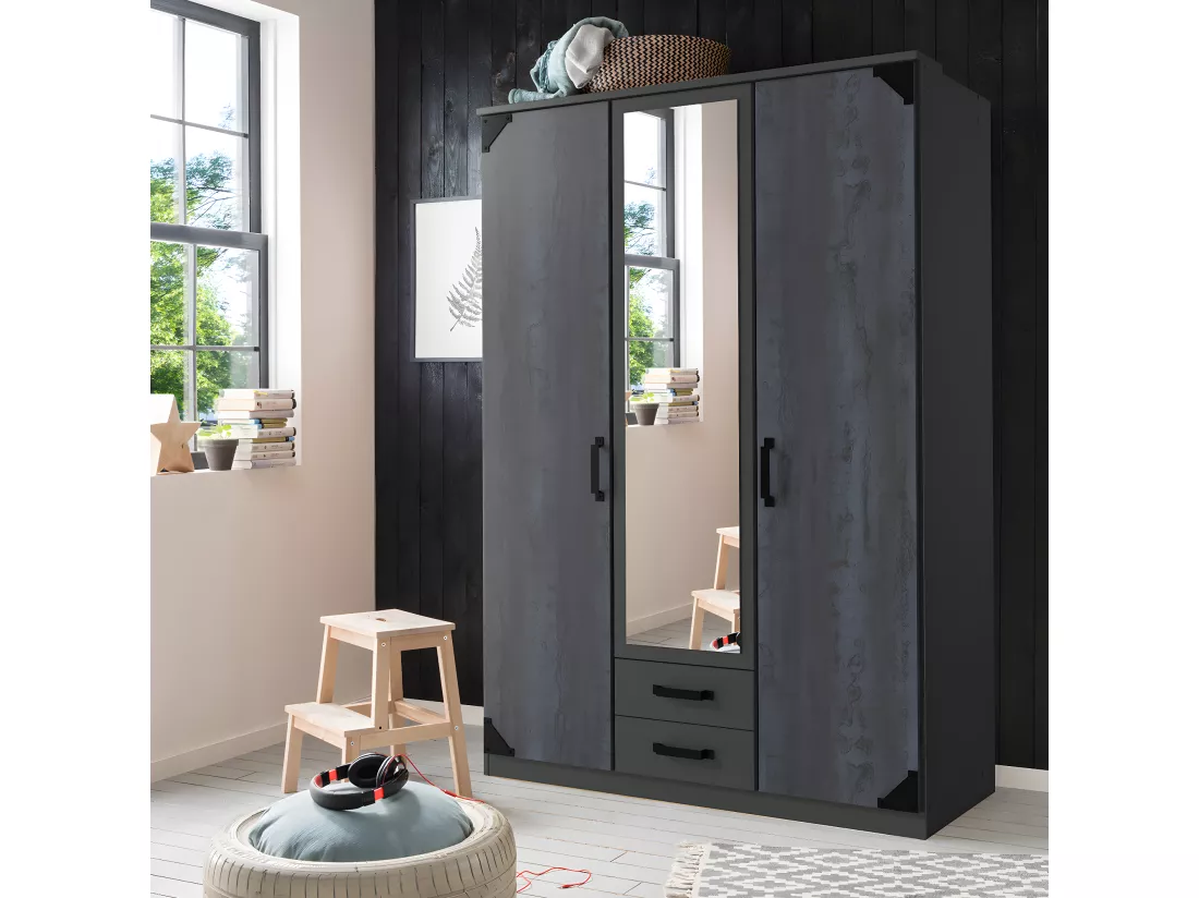 Armoire placard meuble de rangement 2 portes coloris graphite - L. 135 x H. 199 x P. 58 cm