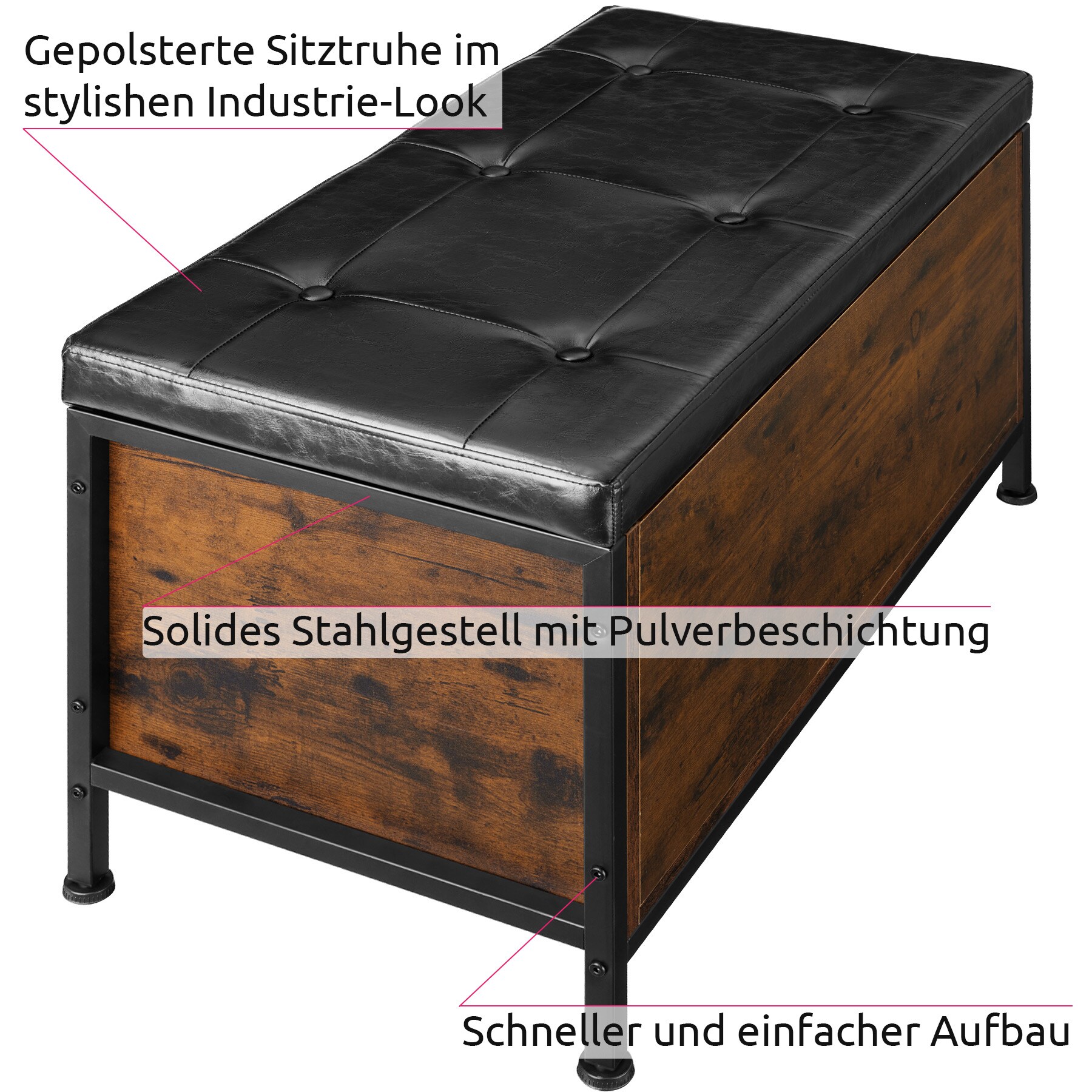 tectake® Sitztruhe, Industrial Style, Kunstlederbezug, 81,5 x 41,5 x 50,5 cm