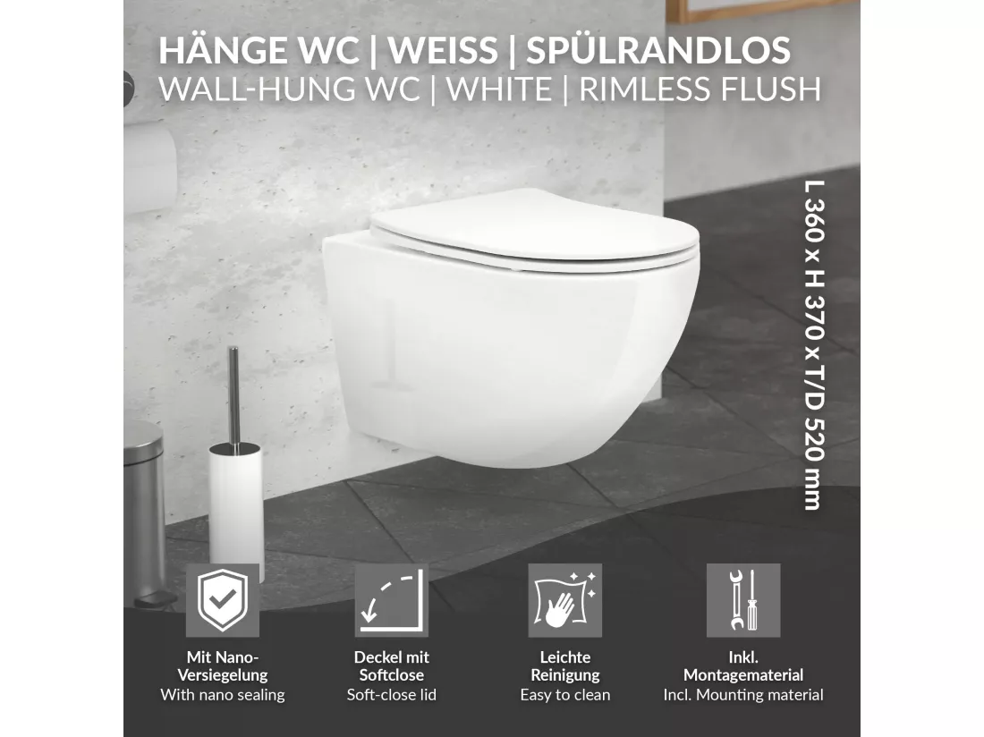 ECD Germany WC Suspendu sans Rebord en Céramique Blanc, Revêtement Nano, Toilette Murale Suspendue Long 52cm, avec Siège Softclose Silencieuse, Chasse d'Eau