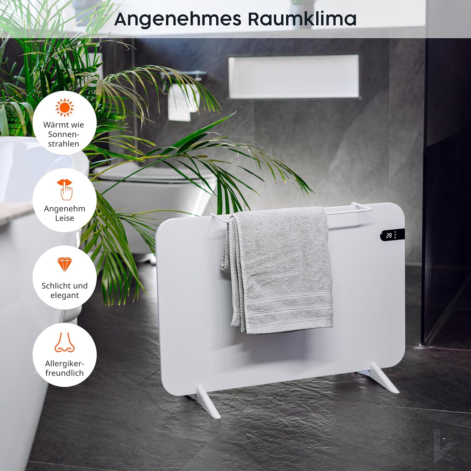 Könighaus 600W Smart -  - Standgerät/Wandmontage - WLAN App-Steuerung mit Fernbedienung - Heizkörper inkl. Handtuchhalter, Standfüße & Befestigung Farbe: Weiß