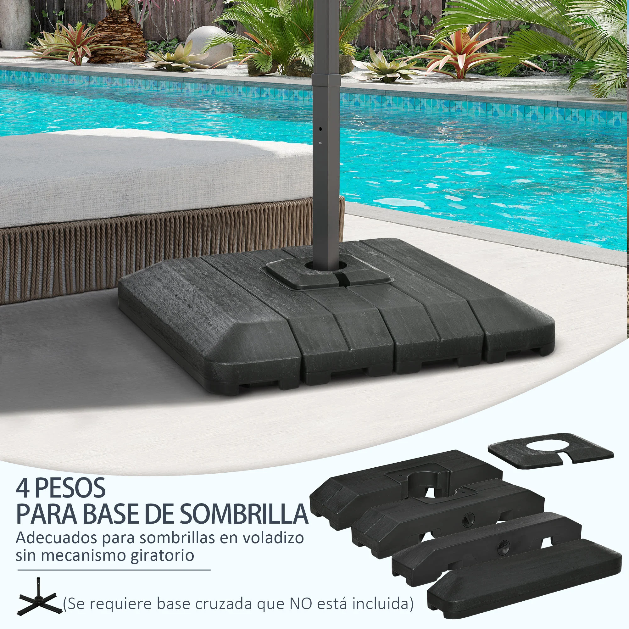 Conjunto de 4 pesos para base de guarda-sol de braço articulado Outsunny, para pátio, com capacidade para 100 kg de água ou 135 kg de areia, para base em cruz, 98 x 98 x 18,5 cm, preto.