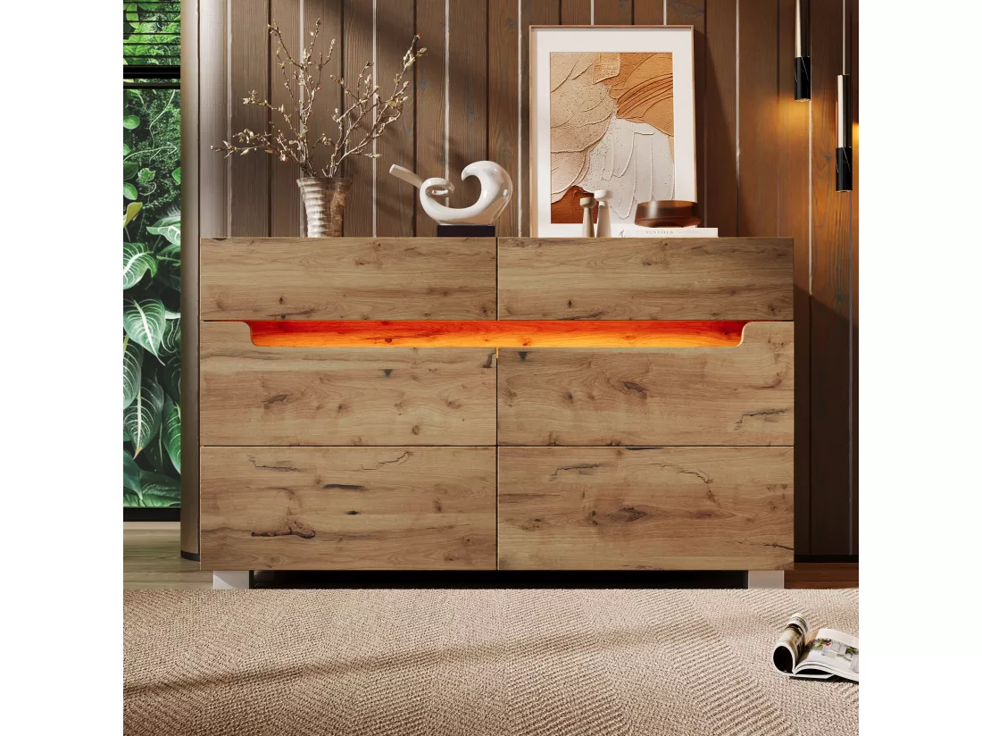 Commode avec LED - 6 tiroirs - effet brillant - Naturel