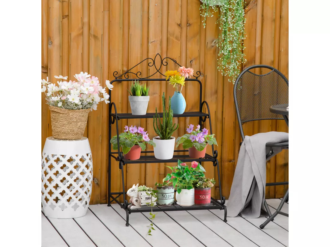 Support pour plantes présentoir avec étagères en métal 3 niveaux forme escalier intérieur/extérieur dim. 60,5L x 59,5l x 95,5H cm noir