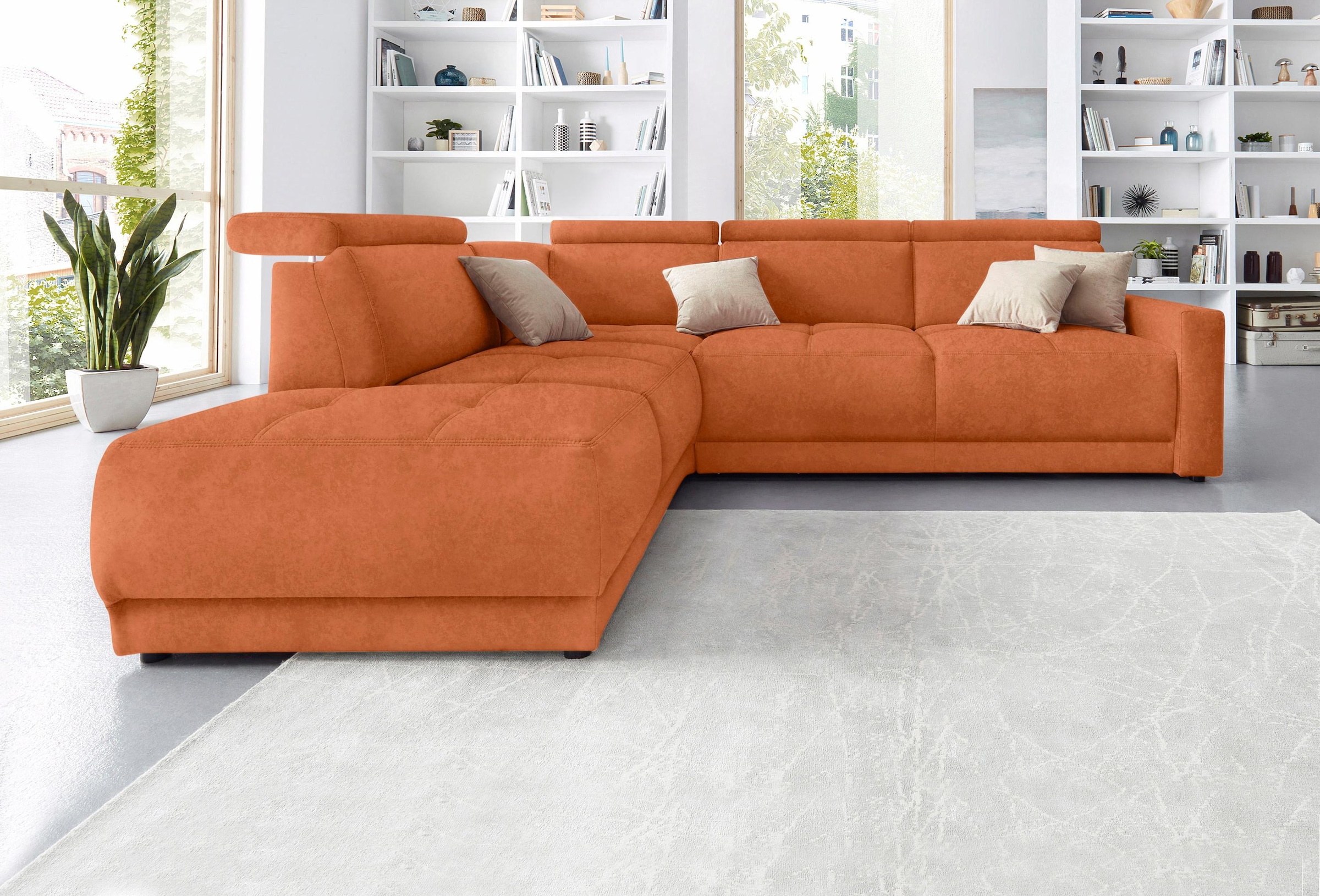 DOMO collection Ecksofa »Ava, moderne Sitzheftung mit toller Doppelnaht, komfortabel, L-Form« mit Ottomane, inkl. Federkern, wahlweise mit Kopfteilverstellungen