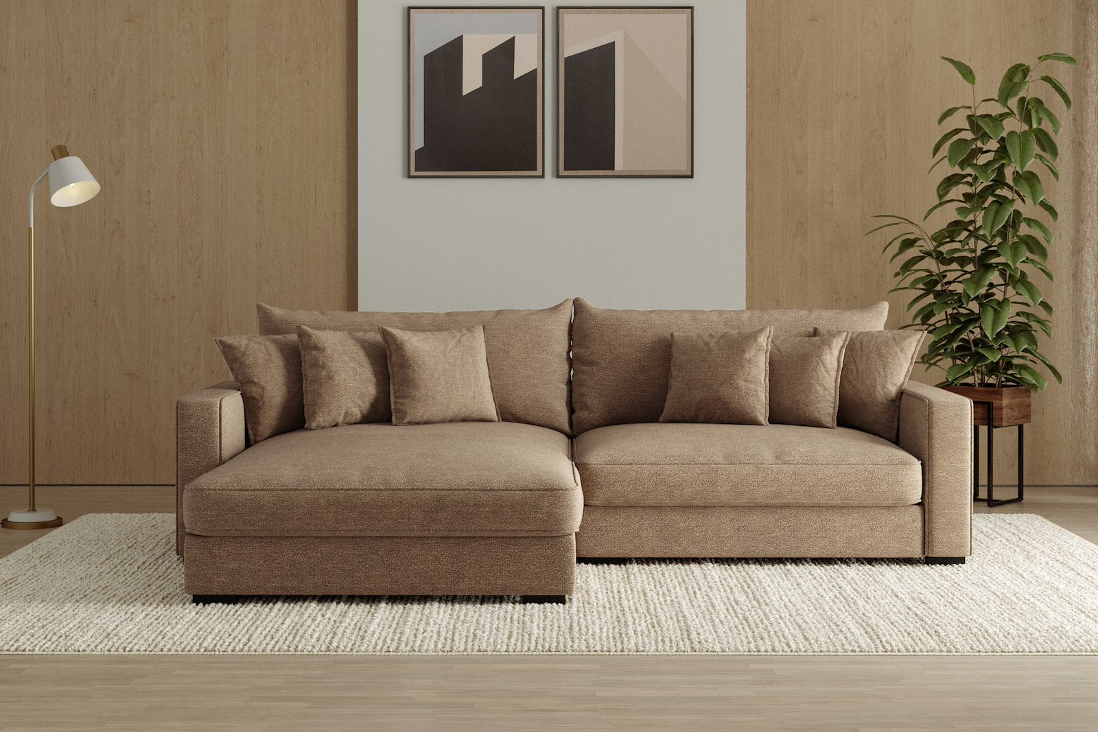 Rossi Lux 2-seter med XL sjeselong venstre Tekstil Beatto 1012 Brown, arm B med sorte ben. Lux Komfort.