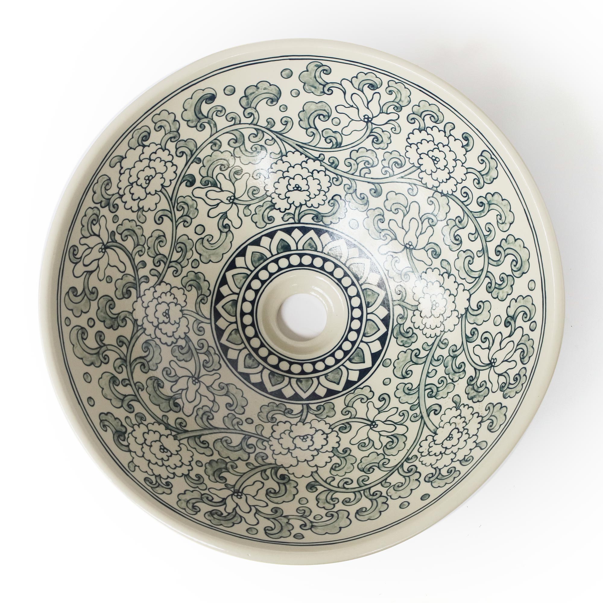 Keramik-Aufsatzwaschbecken 'Floral', hellgrau, blau, Ø 41 cm, H 15 cm von fischer's lagerhaus